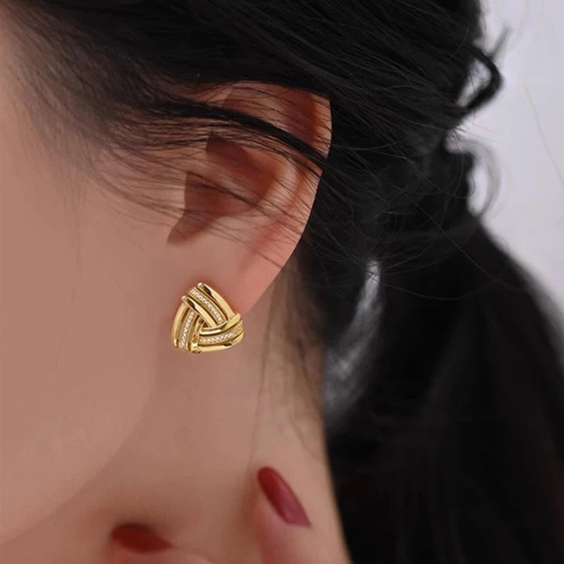 Huitan Triangular Stud Earrings with Sparkling CZ Gold Color Geometric Knot Ear-losil