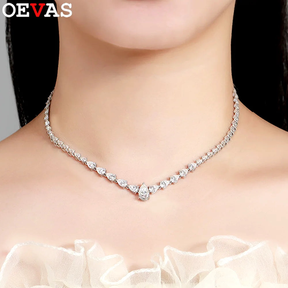 OEVAS Waterdrop Full Moissanite Tennis Necklace for Women S925 Silver Pear Cut-losil