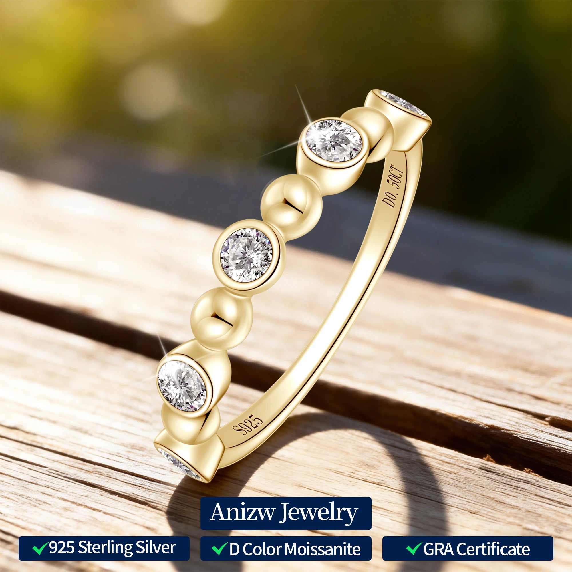 Anziw Fashion Five Stone Moissanite Ring for Women 925 Silver 18k Gold-losil