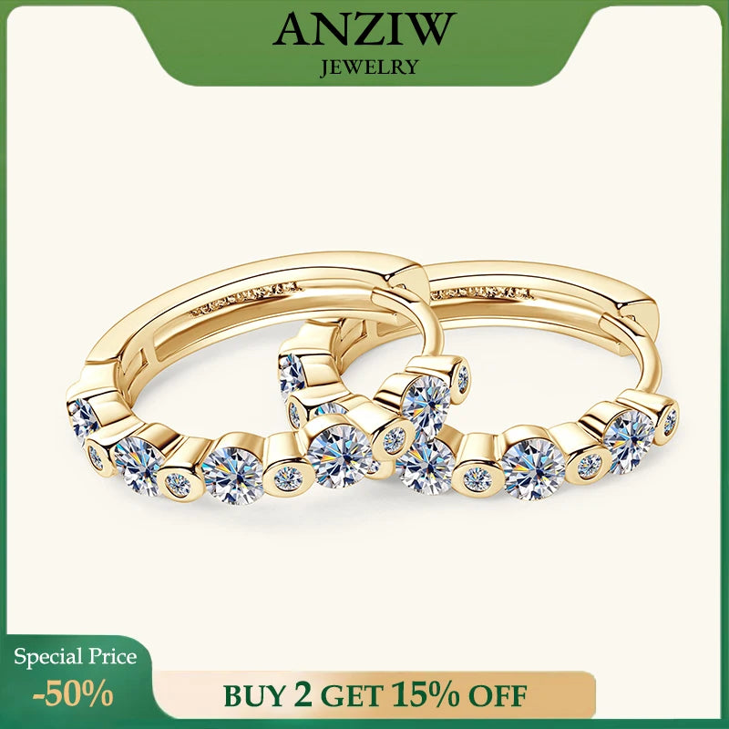 Anziw Real D0.57CT 1.3mm D Moissanite Hoop Earrings for Women 925 Sterling-losil