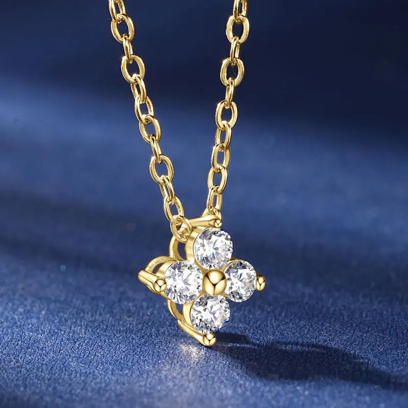 Anziw 100% Real 10K Gold Clover Flower 2.5mm D Moissanite Pendant Necklace-losil