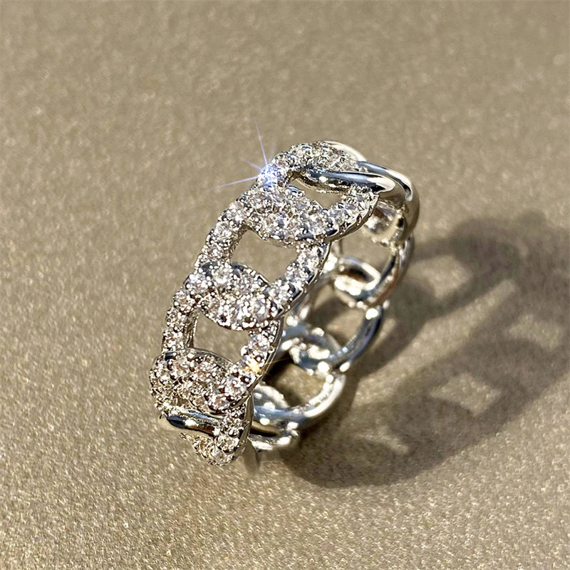 Huitan Chain Linked Design Finger Rings for Women Full with Dazzling Cubic-losil