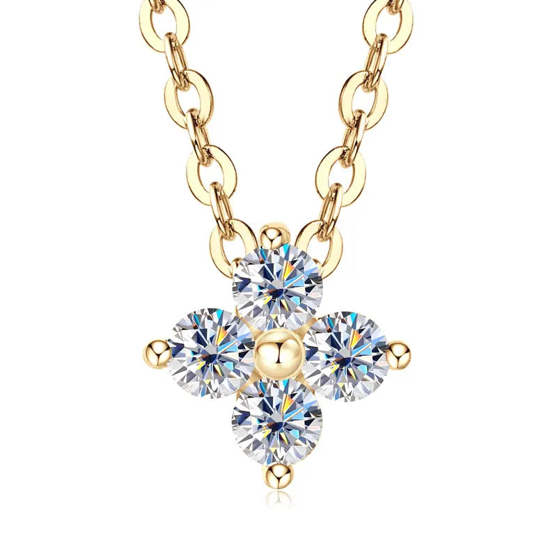 Anziw 100% Real 10K Gold Clover Flower 2.5mm D Moissanite Pendant Necklace-losil