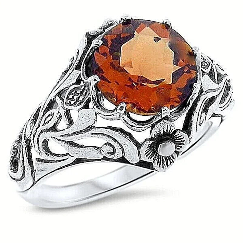 Huitan Bright Orange CZ Women Rings Aesthetic Flower Leaf Hollow Pattern Anniversary-losil