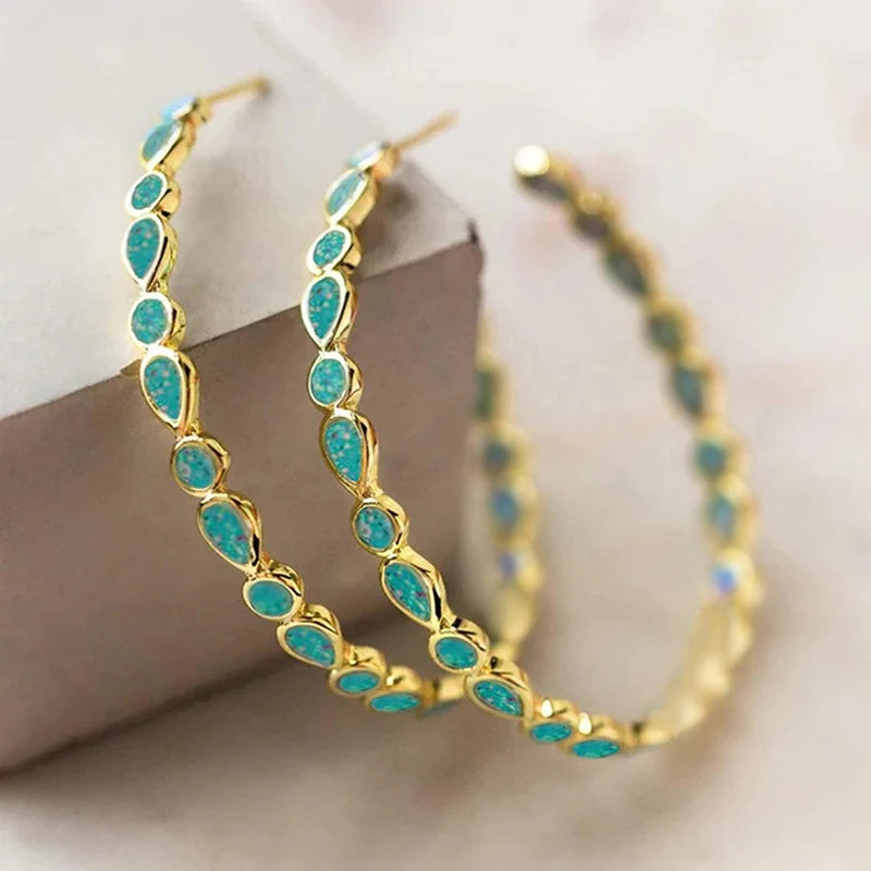 Huitan Boho Pear Blue Enamel Hoop Earrings for Women Gold Plated Fancy-losil