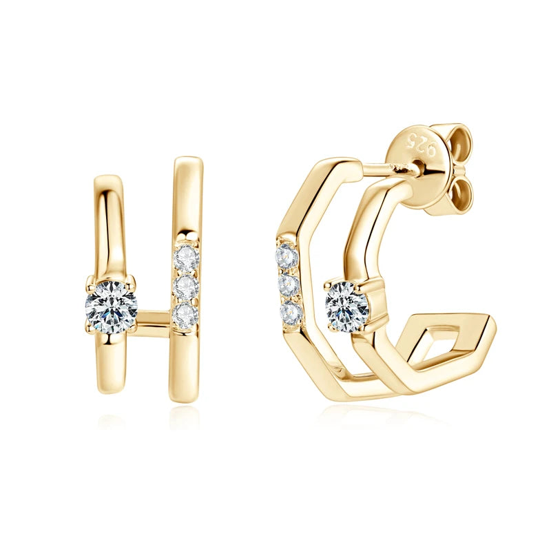 Anziw NEW 4mm Moissanite Piercing Stud Ear Cuffs 925 Sterling Silver Double-losil