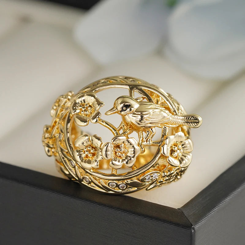 Huitan Hollow Flower Bird Design Gold Color Rings for Women Fancy Wedding-losil