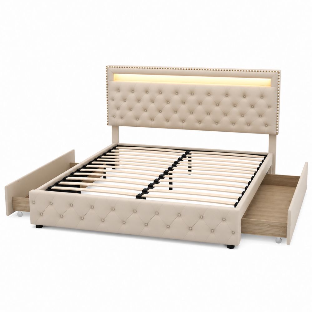 Cadre de lit double avec rangement et tête de lit LED en cuir synthétique Beige 160x200 cm-salonclarion