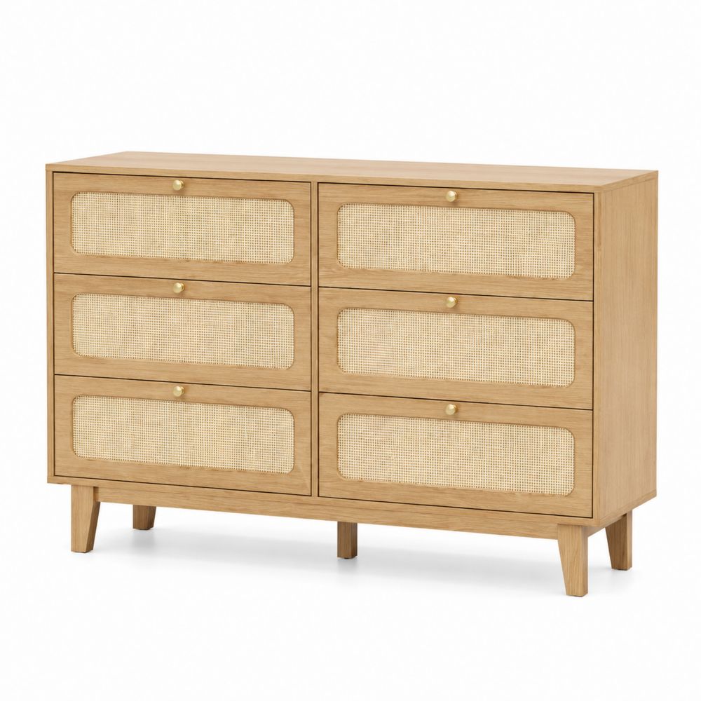 Commode en bois et rotin avec 6 tiroirs-salonclarion