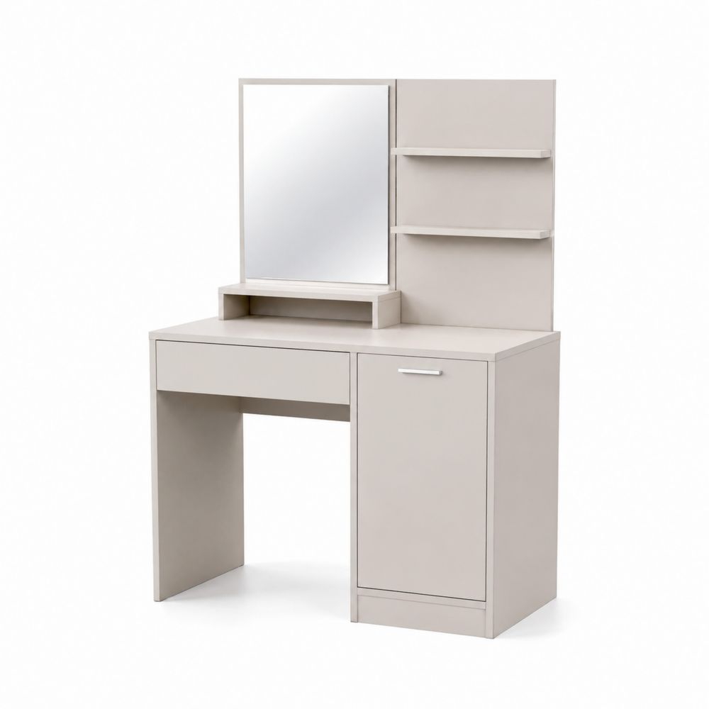 Coiffeuse rectangulaire avec miroir et étagères en bois Beige-salonclarion