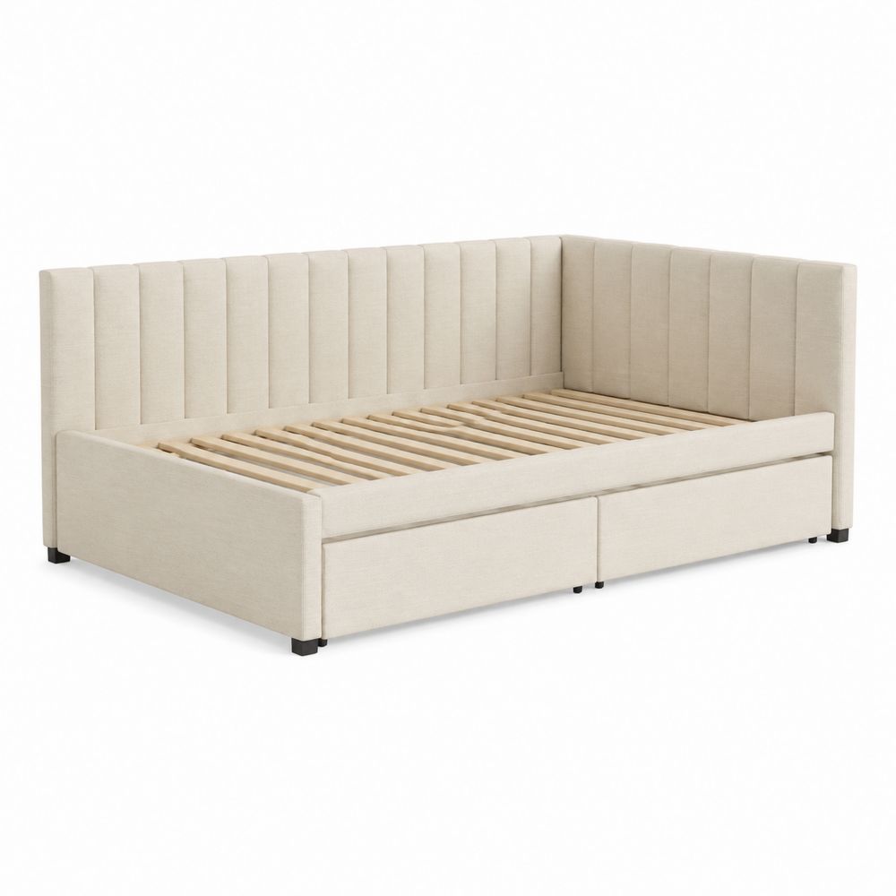 Lit coffre en bois et tissu beige avec tiroirs de rangement-salonclarion