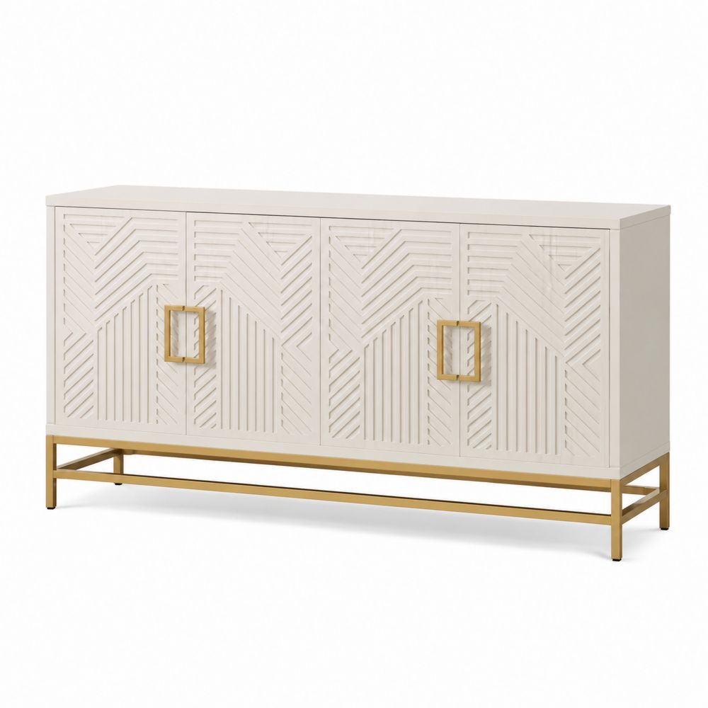 Buffet en bois et métal géométrique 155x45x85 cm Blanc/Doré-salonclarion