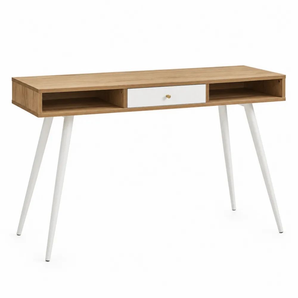 Bureau rectangulaire en MDF avec pieds en métal, Chêne et Blanc-salonclarion
