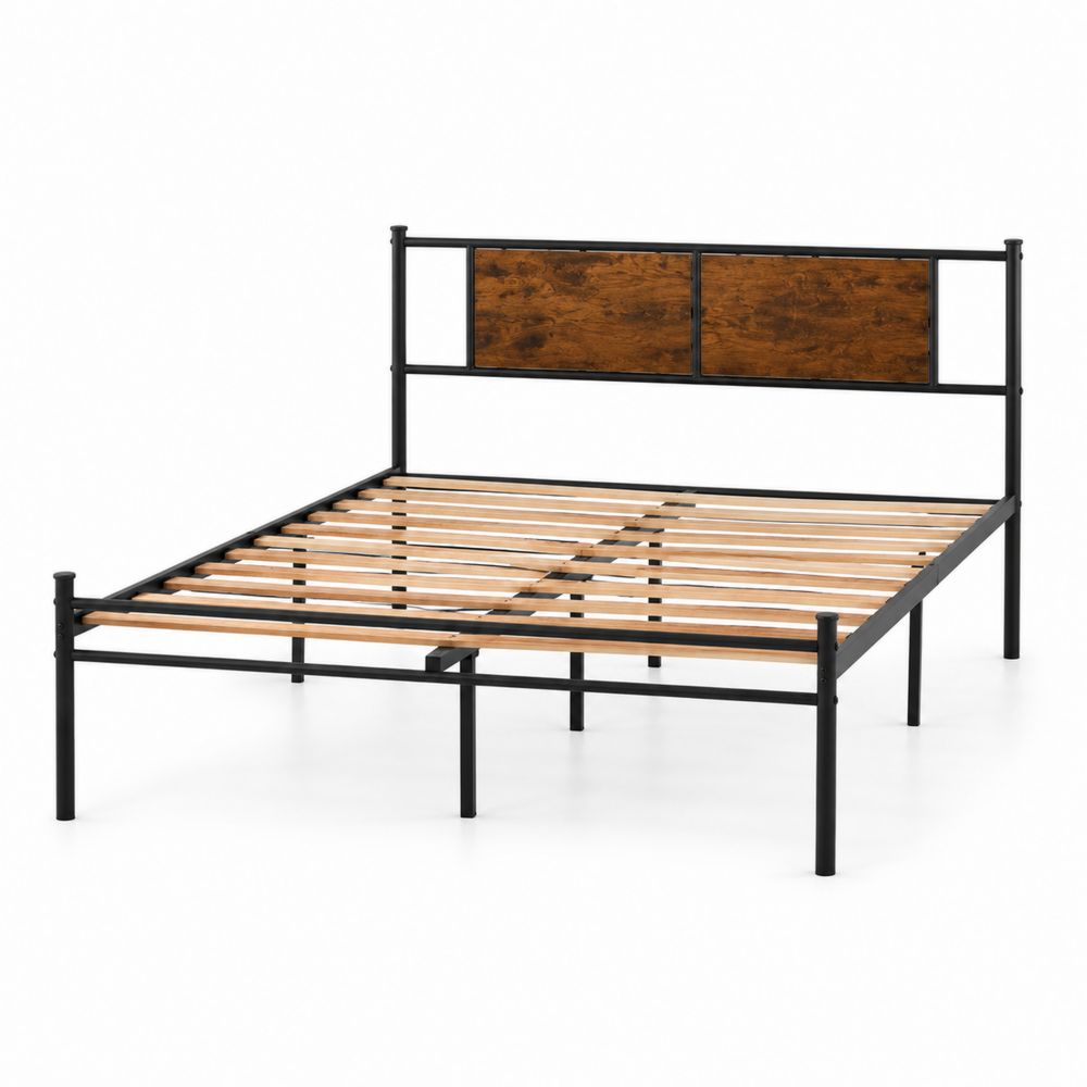 Lit en métal et contreplaqué 200x150 cm Noir/Marron-salonclarion