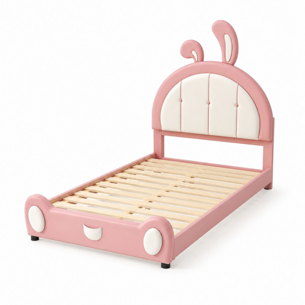 Lit enfant en bois et similicuir rose et blanc 200x90 cm-salonclarion