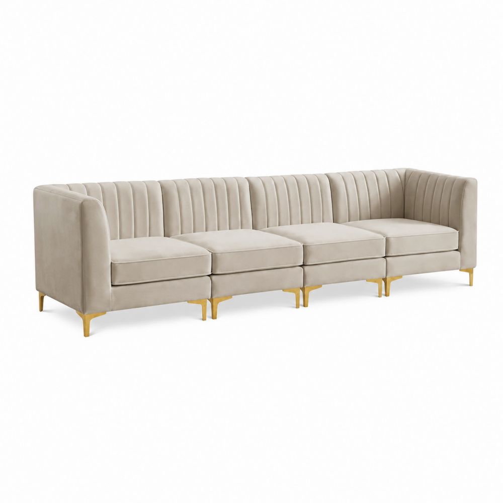 Canapé modulaire en velours beige avec pieds en métal doré-salonclarion