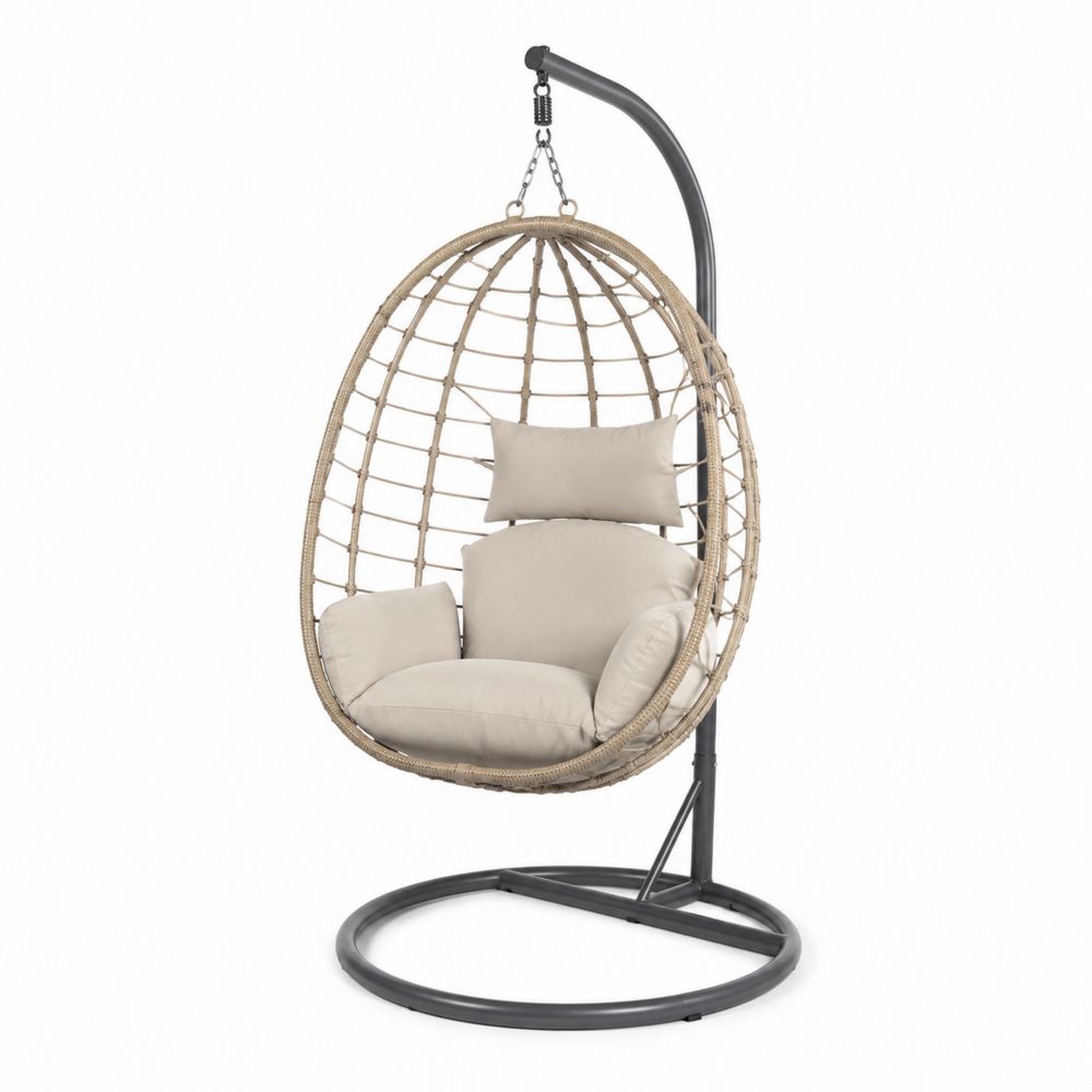 Chaise suspendue œuf suspendue en rotin et acier avec coussins beige-salonclarion