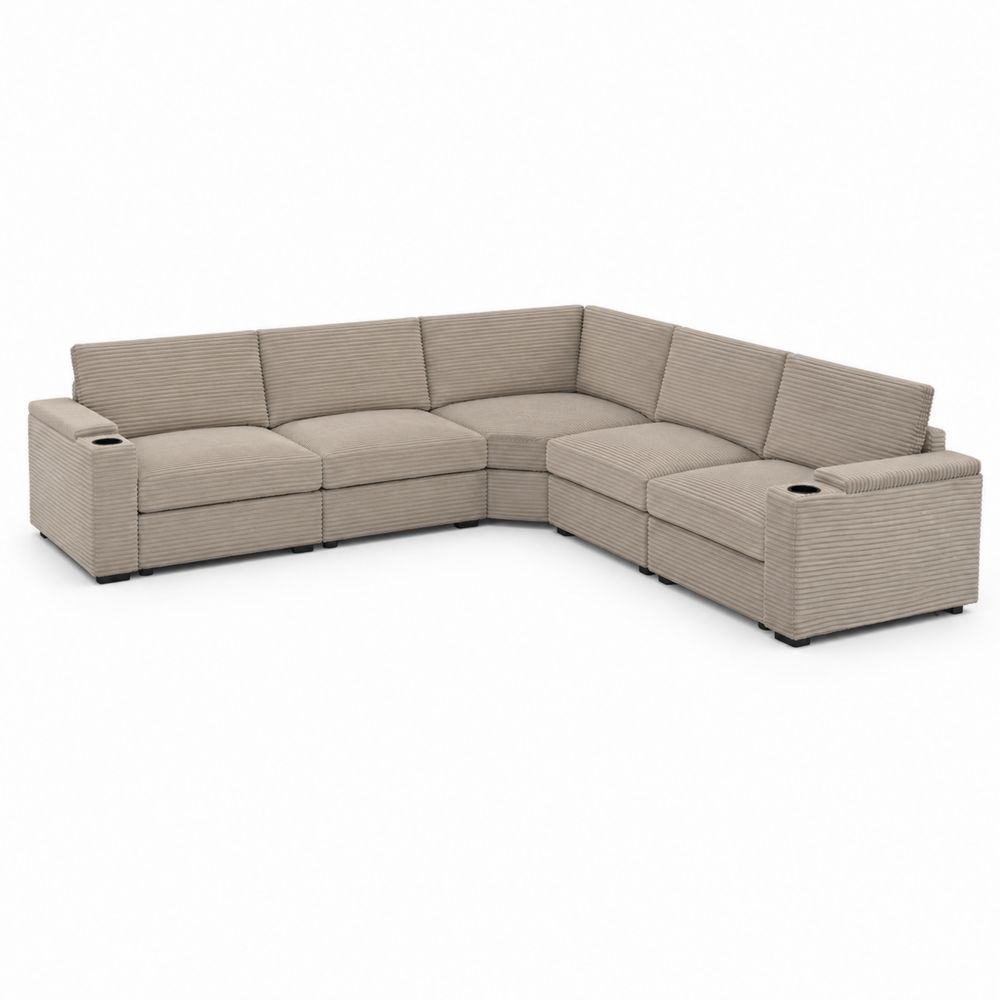 Canapé d'angle modulable en velours côtelé Beige avec porte-gobelets-salonclarion