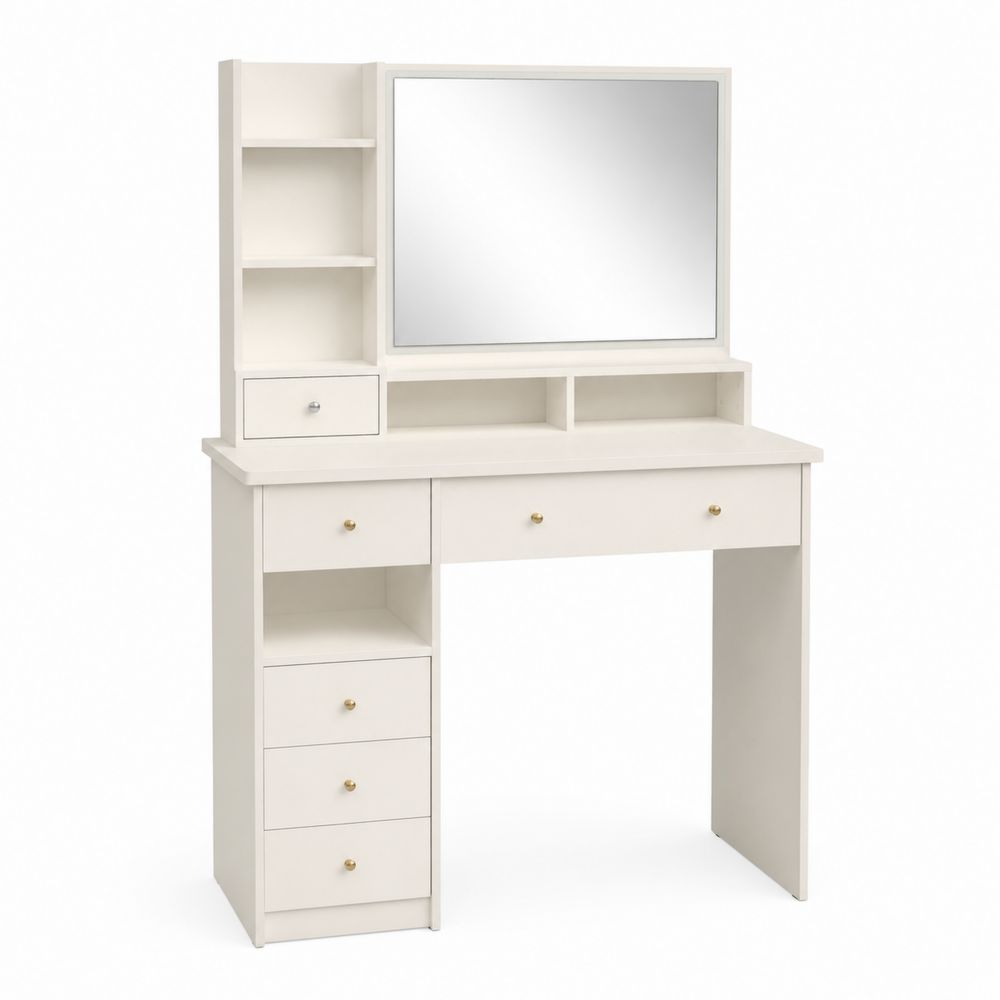 Coiffeuse avec miroir et 5 tiroirs en bois blanc-salonclarion