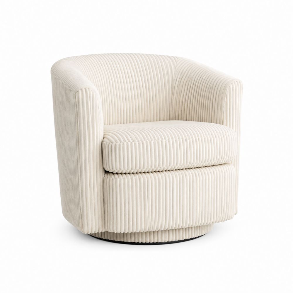 Fauteuil pivotant en bois et tissu crème côtelé avec accoudoirs-salonclarion