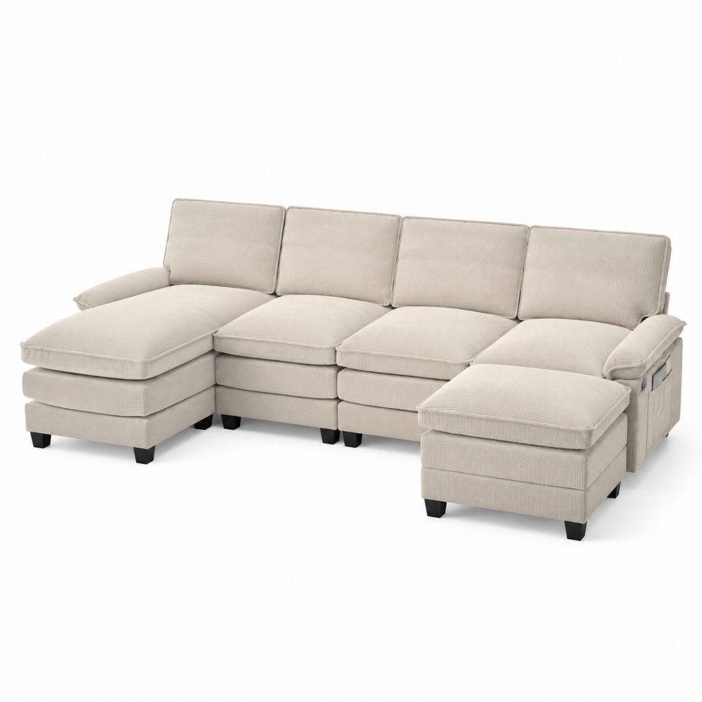Canapé d'angle modulable en tissu polyester beige-salonclarion
