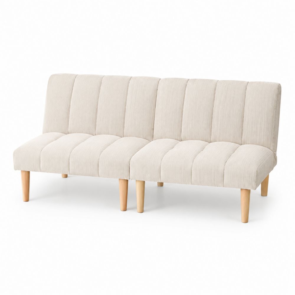 Canapé trois places en tissu côtelé beige et bois-salonclarion
