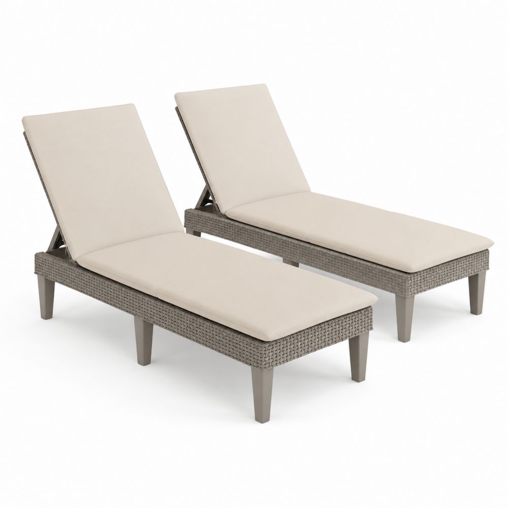 Lot de 2 chaises longues en rotin et tissu beige-salonclarion
