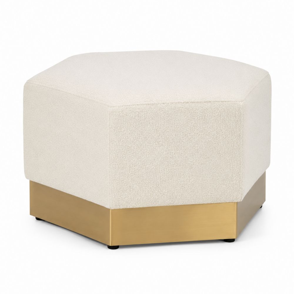 Repose-pieds hexagonal en tissu beige et base en métal-salonclarion