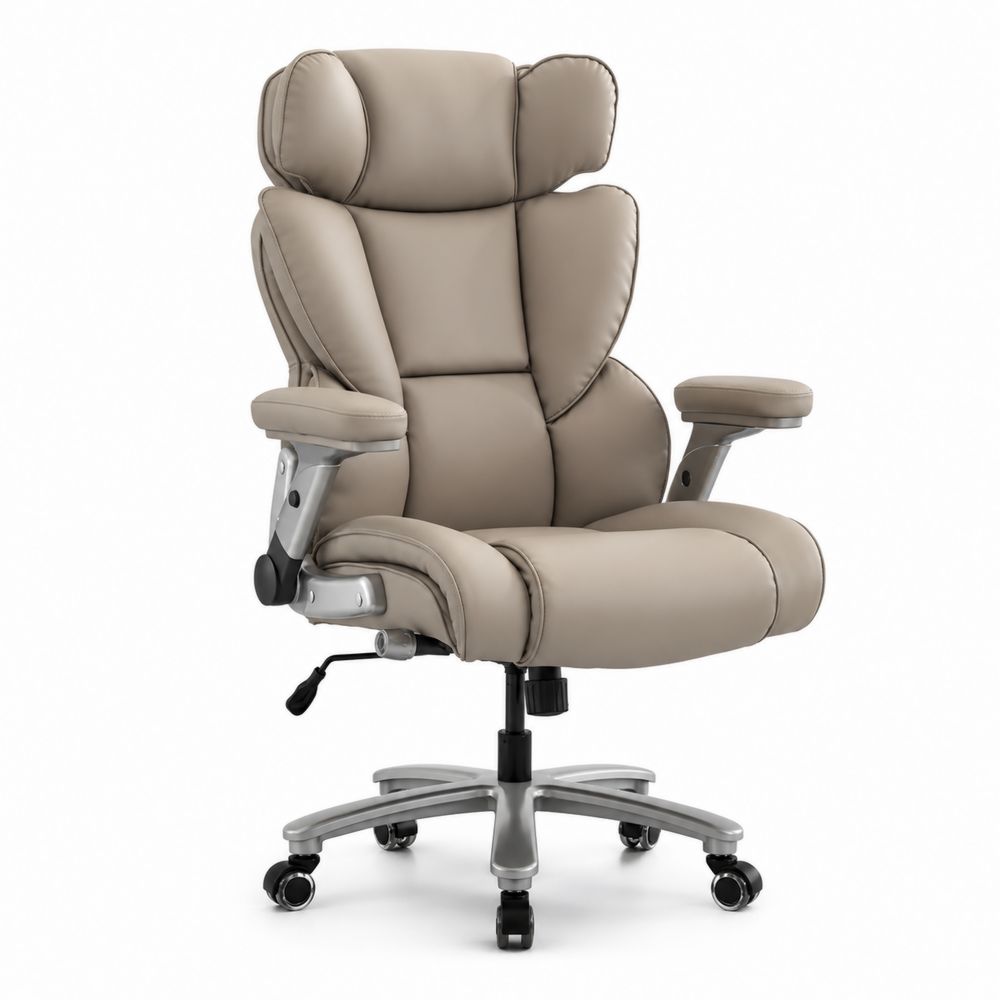 Chaise de bureau en cuir synthétique beige avec accoudoirs réglables-salonclarion