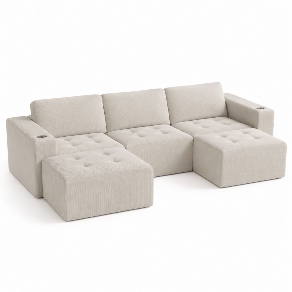 Canapé modulaire en tissu beige avec porte-gobelets-salonclarion