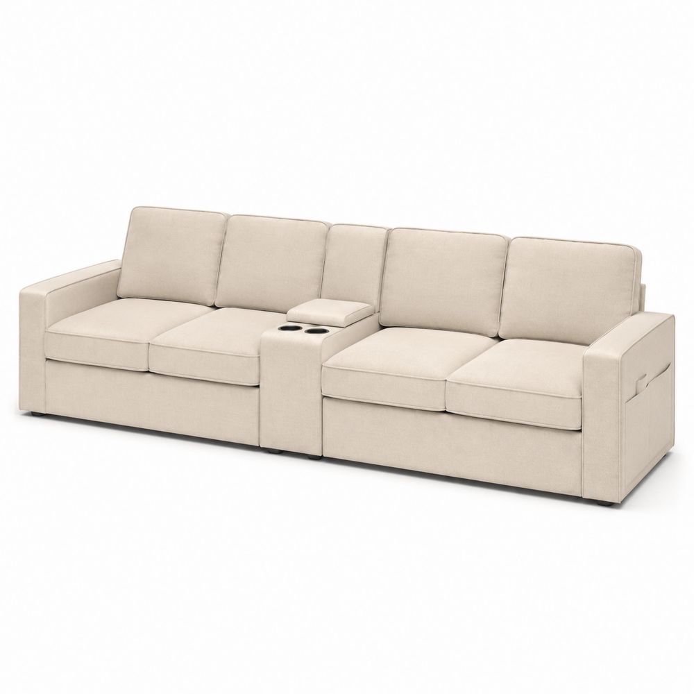 Canapé modulaire 3 places en tissu beige avec porte-gobelets-salonclarion