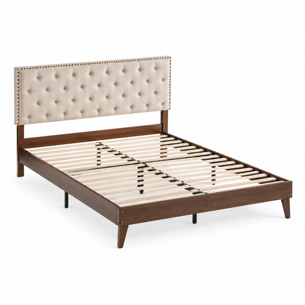 Lit en Bois avec Tête de Lit en Tissu Beige 200x140 cm-salonclarion