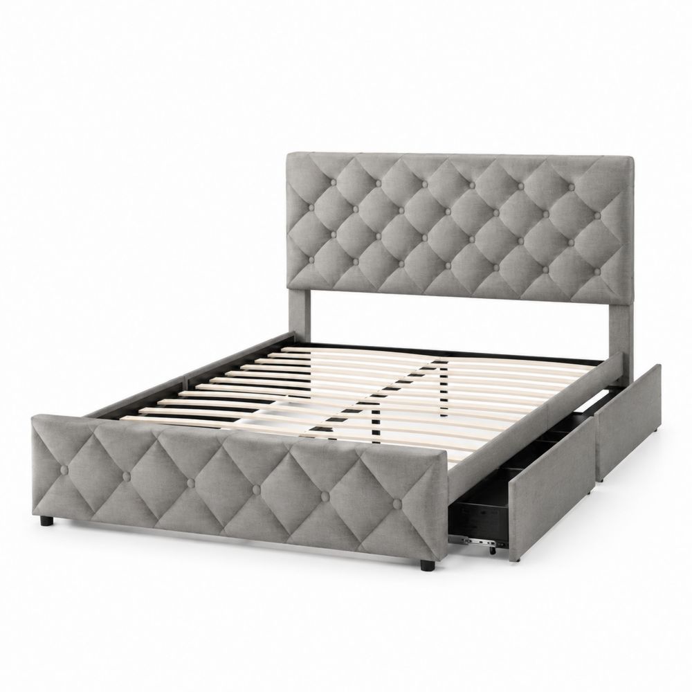 Cadre de lit double avec rangement 140x200 cm en tissu gris-salonclarion
