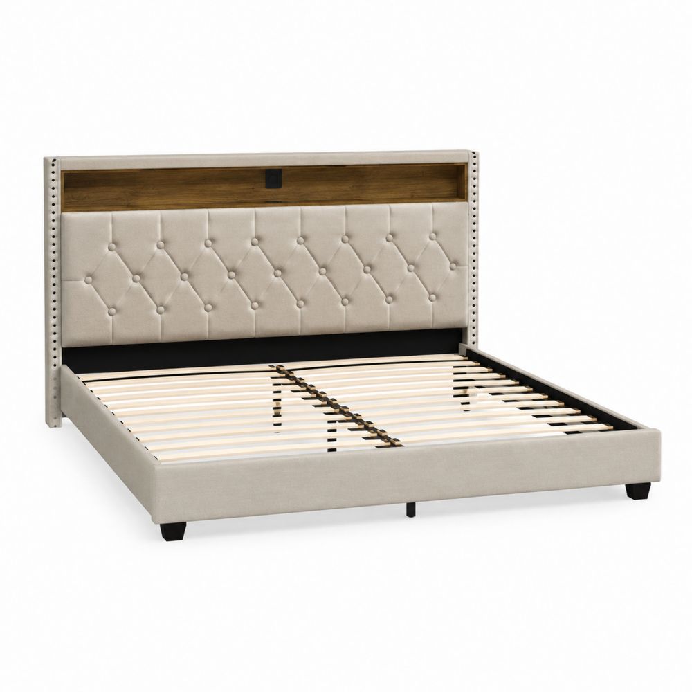Cadre de lit en bois et tissu beige avec tête capitonnée 160x200 cm-salonclarion