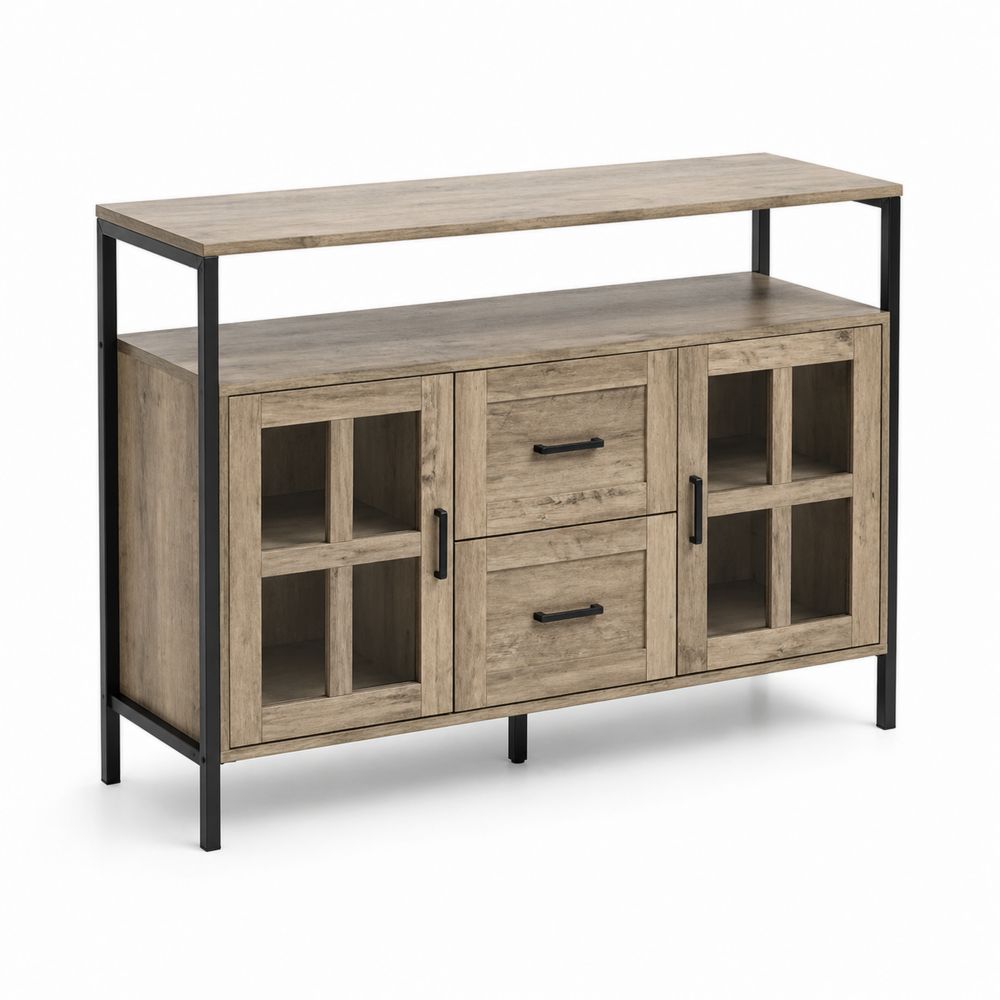 Buffet en bois et métal avec portes en verre trempé-Bellecourspace