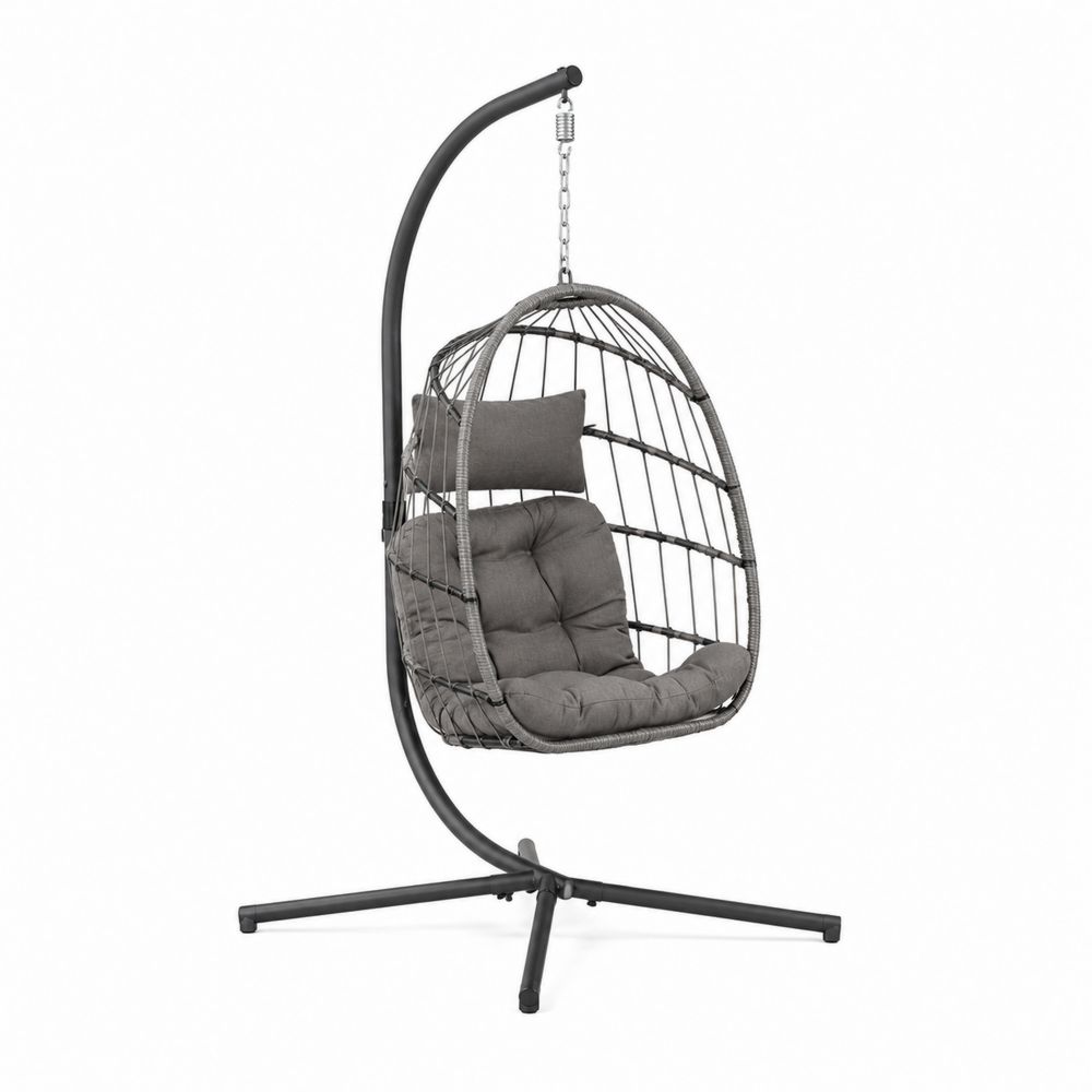 Chaise suspendue en métal et rotin synthétique avec coussin Gris-Bellecourspace