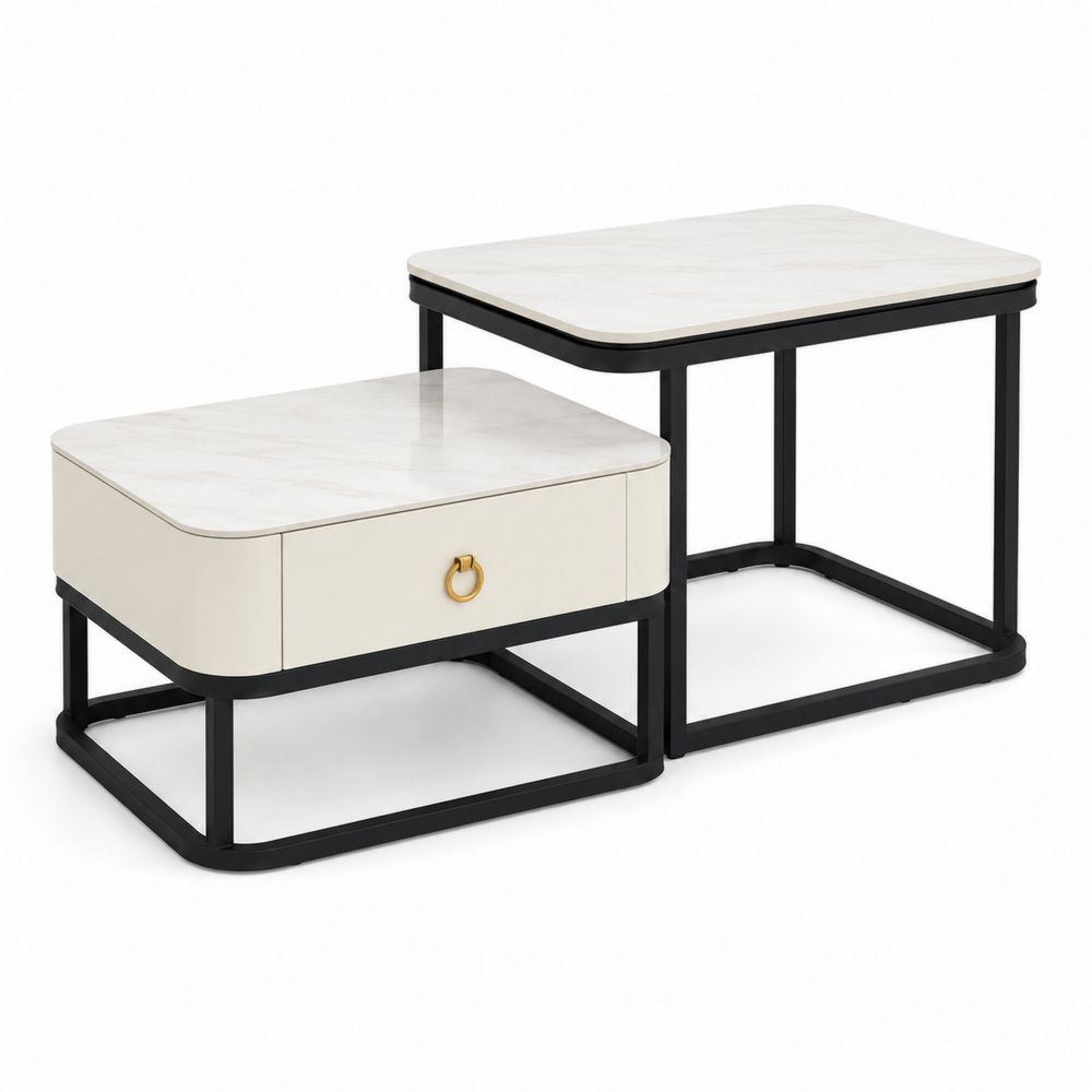Ensemble de tables gigognes en métal et MDF, Blanc et Noir-Bellecourspace