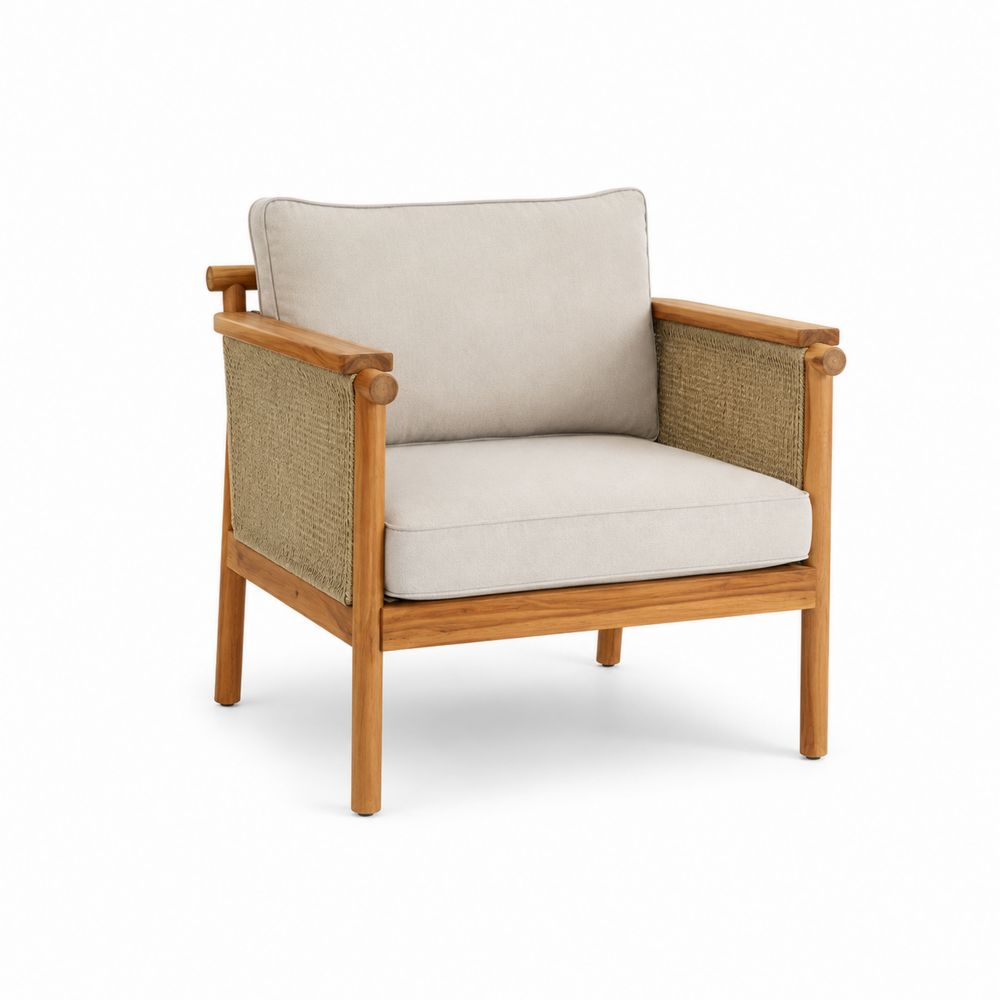 Fauteuil en teck et rotin avec coussins en polyester beige-Bellecourspace