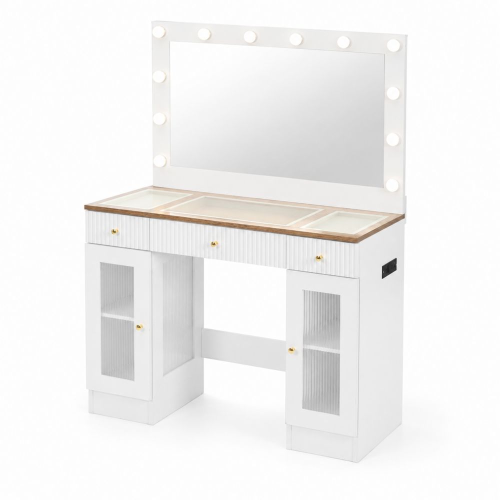 Coiffeuse blanche en bois avec miroir éclairé et verre strié-Bellecourspace