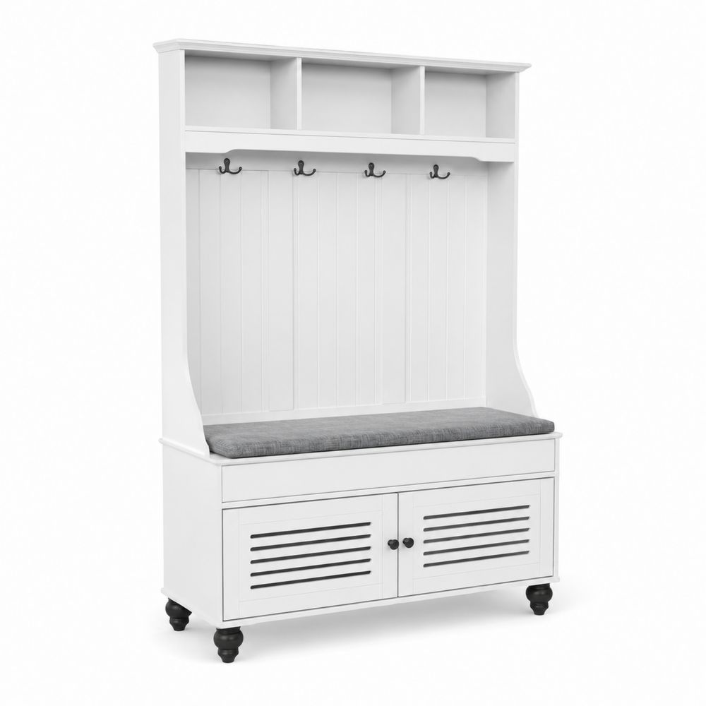 Banc d'entrée avec porte-manteau en bois et coussin gris-Bellecourspace