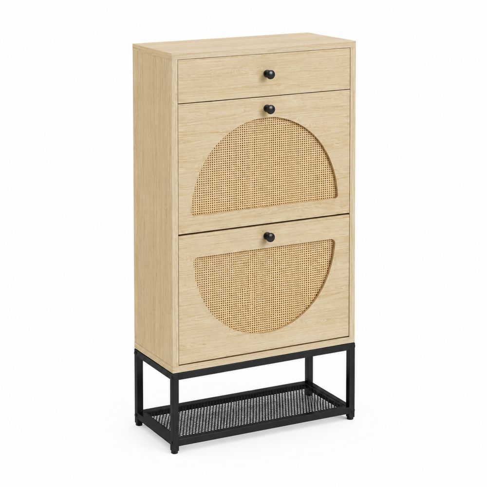 Meuble à chaussures en bois, rotin et métal noir 110x60x25 cm-Bellecourspace