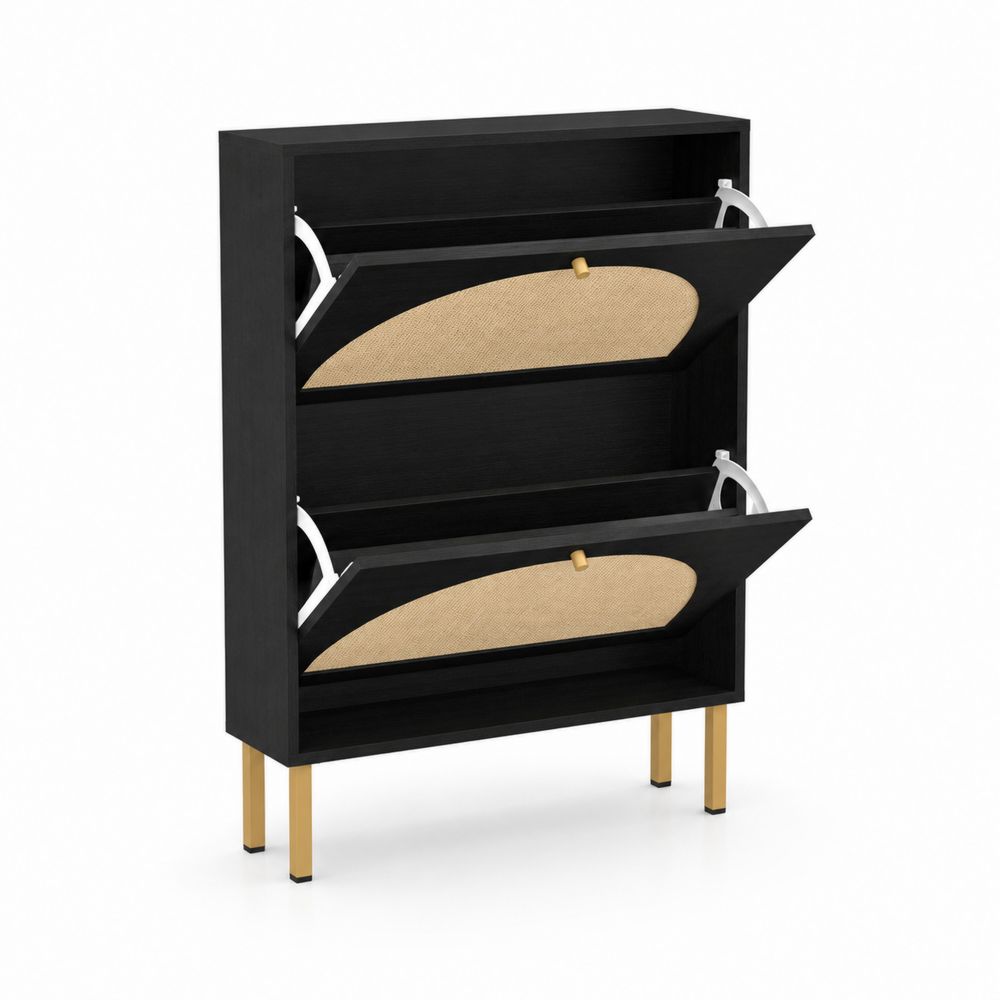 Meuble à chaussures en bois noir et rotin, 100x80x24 cm-Bellecourspace