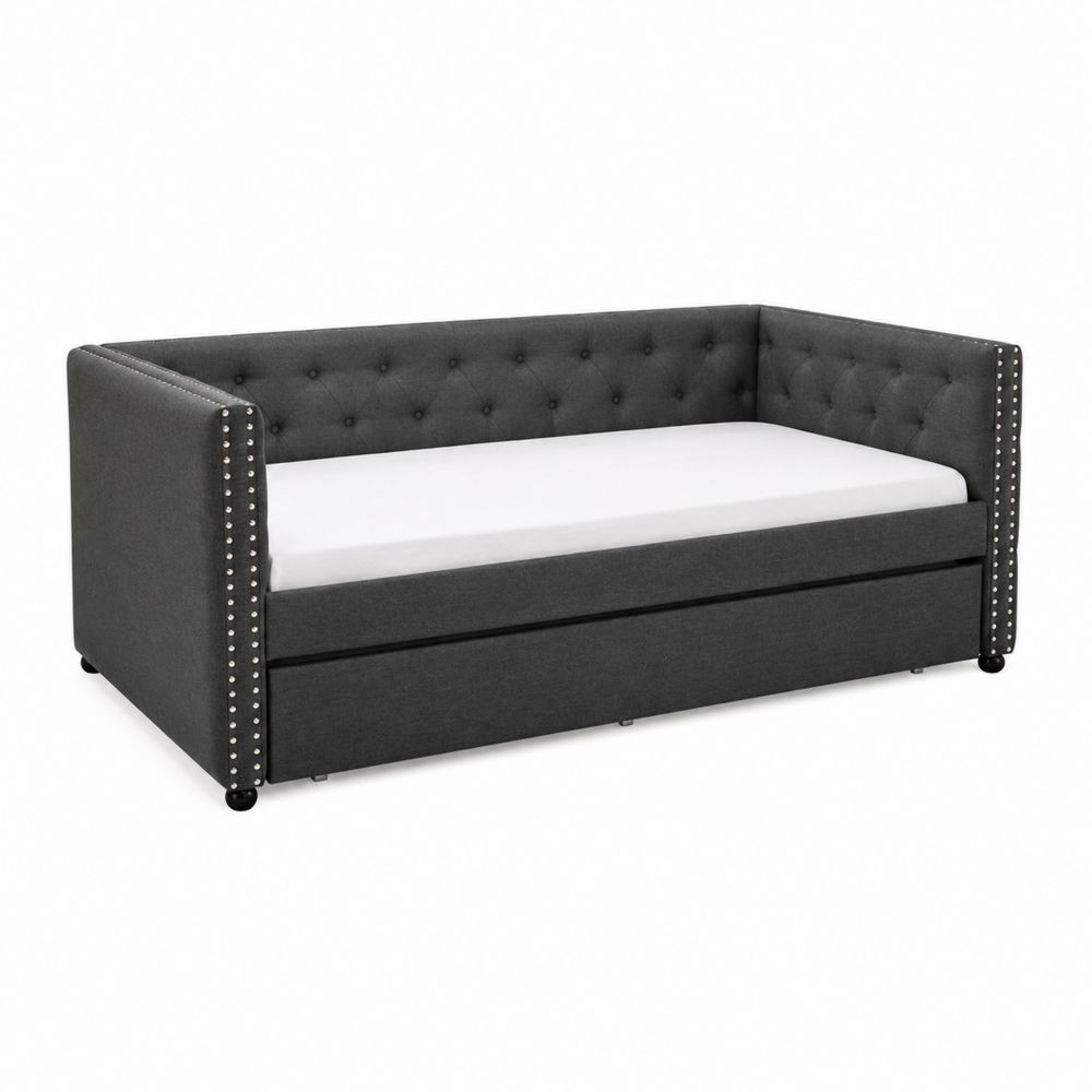 Canapé-lit en bois et tissu gris avec tiroir gigogne-Bellecourspace
