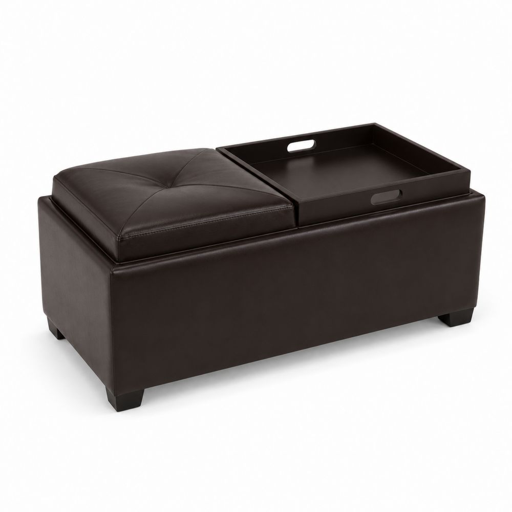 Banc de rangement en cuir marron avec plateau amovible-Bellecourspace