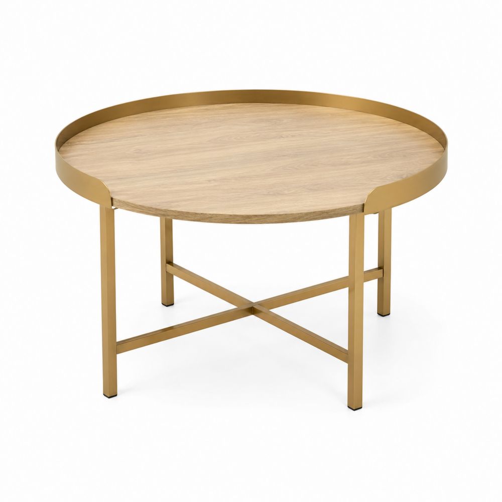 Table basse ronde en bois et métal doré 80 cm-Bellecourspace
