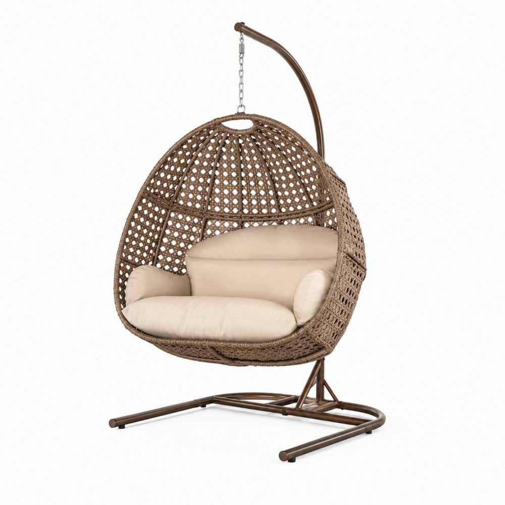Chaise suspendue en rotin avec coussin beige pour extérieur-Bellecourspace