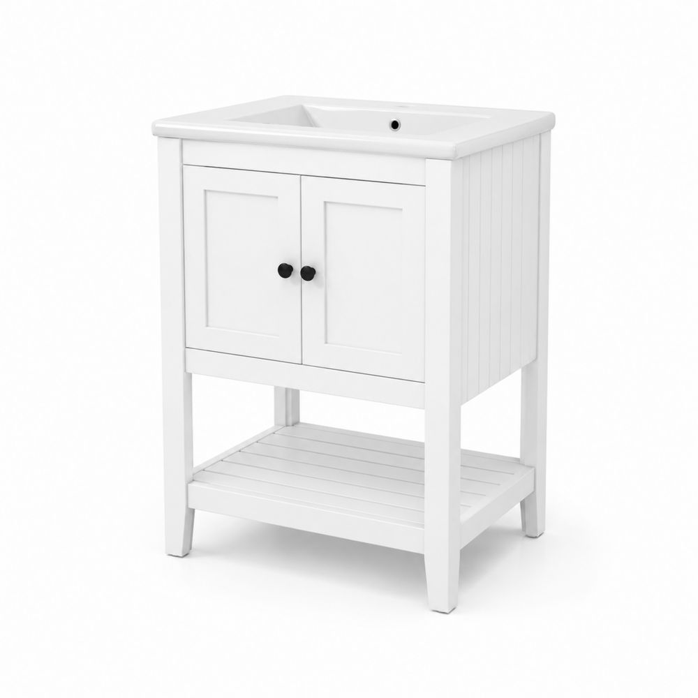 Meuble sous lavabo en bois blanc avec étagère-Bellecourspace