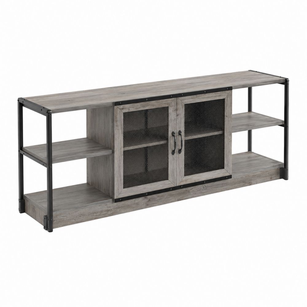 Meuble TV rectangulaire en bois et métal avec portes en maille 180x40x60 cm Gris-Novpitor
