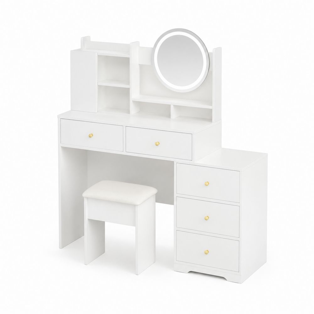 Coiffeuse en Bois avec Miroir LED et Tabouret - Blanc-Novpitor
