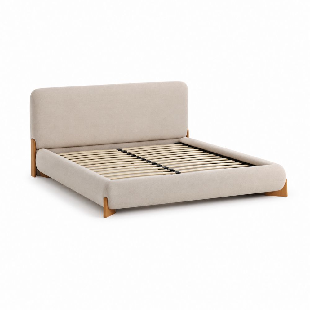 Lit double en bois et tissu polyester beige 200x160 cm-Novpitor